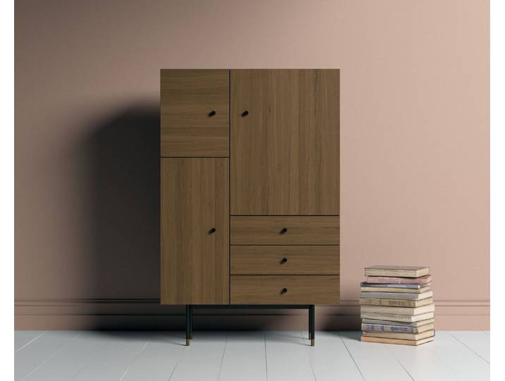 Highboard WOODMAN Jugend Kommode , schwarz (schwarz, walnuss), B:90cm H:142cm T:42cm, Sideboards, Highboard, Stauraumschrank mit Holzfurnier aus Eiche, Breite 90 cm, FSC