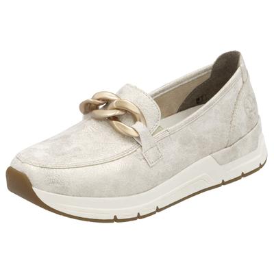 Loafer RIEKER, Damen, Gr. 43, Textil, beige (creme), Lederimitat, metallic, Schuhe Loafer, Slipper, Slip-on Sneaker, Halbschuh mit modischer Zierkette