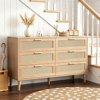 DREAMSIDEA Solid Wood 6-Drawer Dresser With Rattan Front, Modern Storage Chest
