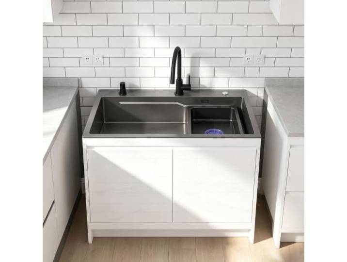Edelstahl Spülenschrank, Weiß, Freistehend 304 Edelstahl, Spülenschrank, Einzelbecken, Wasserhahn, Aluminium, für Küche und Outdoor(L:68cm)