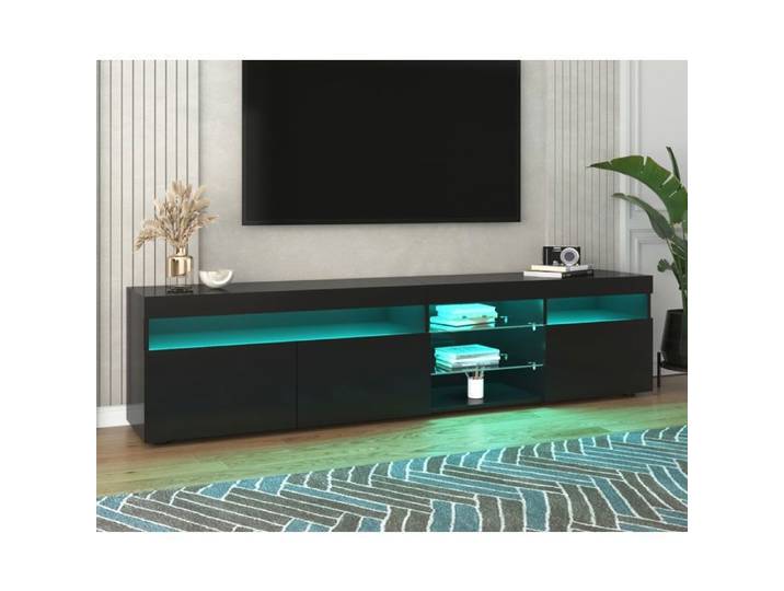Maisentiel Meuble TV contemporain 180 cm noir MDF 3 portes étagères en verre et LED 4 modes