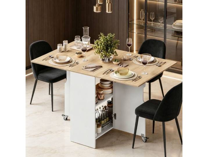Norevia Table à manger pliante extensible à roulettes blanc et chêne clair 4 personnes
