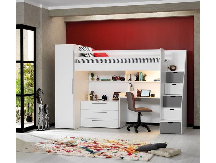almila Hochbett Neo (4-St) mit Seitentreppe, Stauraum und Regal