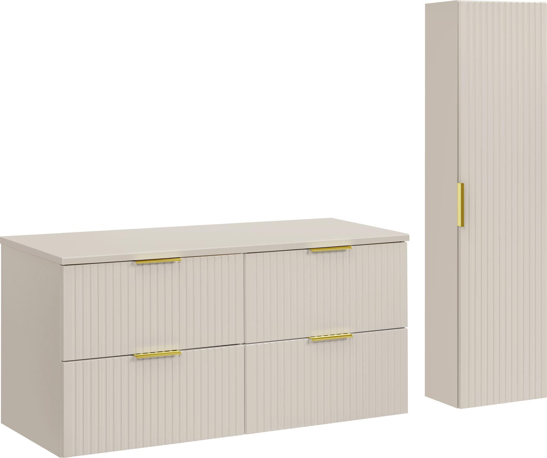 Badezimmerschrank 120 Cm Mit Arbeitsplatte Und Pfosten, Kaschmir Matt, Geriffelte Fronten