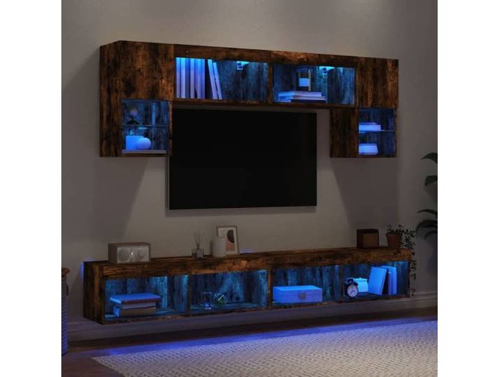 NEW 2026  LED Unités murales TV lot de 6 Meubles TV Moderne chêne fumé bois d'ingénierie 30.5x30x60 cm L7024