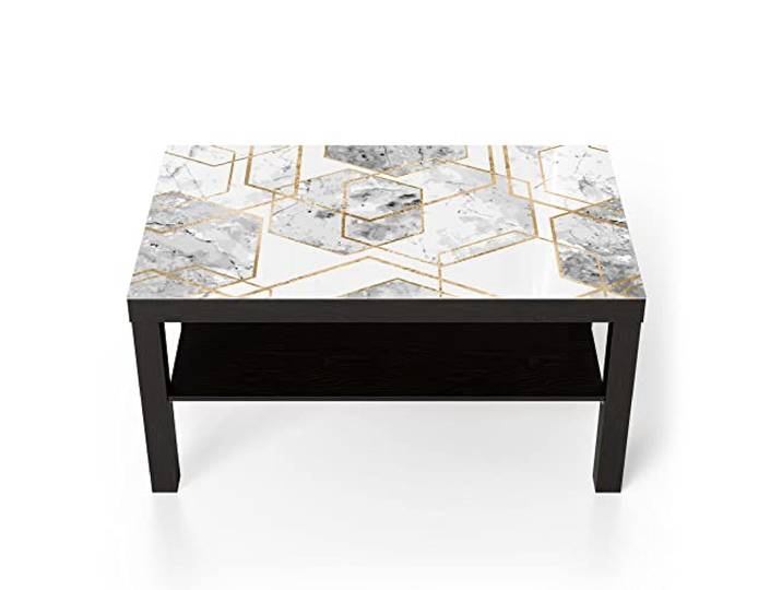 DEQORI Glastisch schwarz groß 90x50 cm Motiv Goldgerahmte Sechsecke ausgefallener Beistelltisch aus Glas Hochglanz Couchtisch fürs Wohnzimmer moderner Couch Tisch mit Design