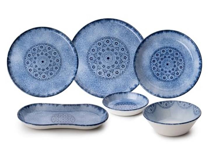 27-teiliges blaues Speiseservice, 100% Porzellan Enthält Servierteller, Schüsseln, Dessertteller und Servierteller Spülmaschinen- und mikrowellengeeignet