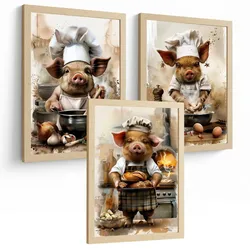 POSTER 3er Set Schwein Bäcker Wandbilder Lustiges Tier Koch Brot Backen Illustration Küche Wanddeko Leichter Holzrahmen A4