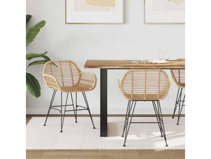 Esszimmerstuhl 2er Set Rattan Und Eisen Natur 55x50x74 cm Mit Armlehnen Handgewebtes Rattan, stabile Eisenbeine, eingebaute Fußstütze, ergonomische Rückenlehne, für Innenräume