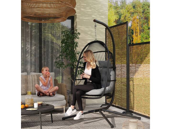 Outsunny Chaise Suspendue Œuf Gris Int/Ext avec Support 150kg
