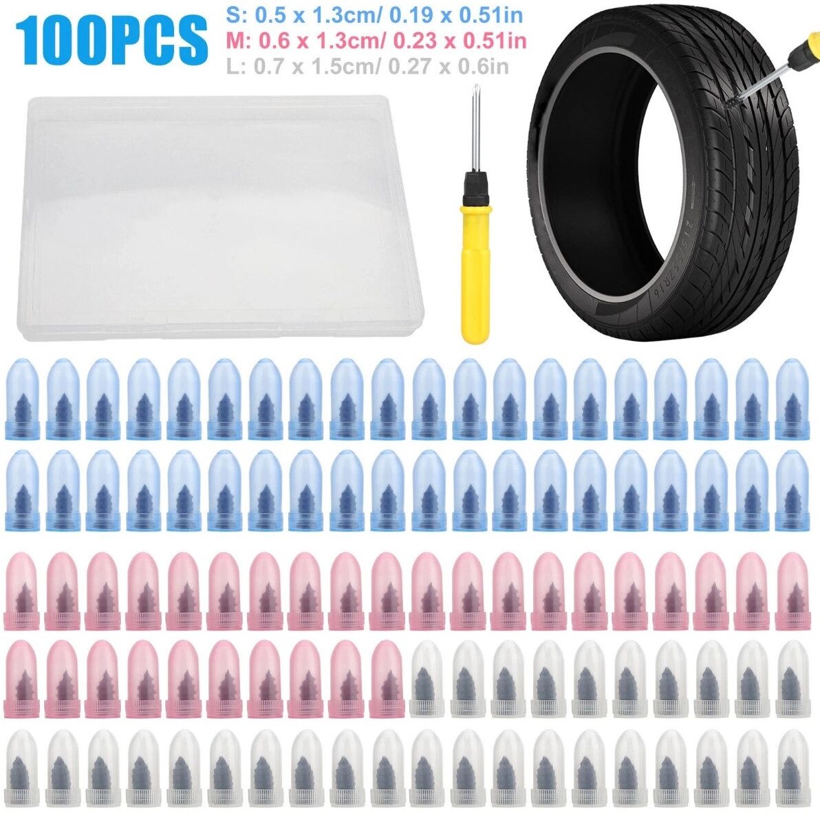 INF 100er Set Tubeless-Reifen-Reparatur-Schrauben mit Schraubendreher – 100pcs Kohlenstoffstahl+Gummi, schnelle Pannenreparatur