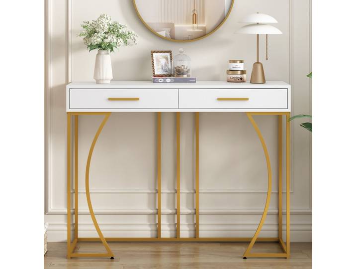 Table console avec 2 tiroirs, table d'appoint de style luxueux, table de canapé, table d'entrée 110x32x85cm blanc doré