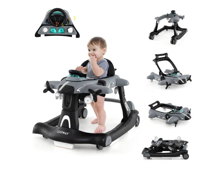 6-In-1 Loophulp Loopwagen met Verstelbare Hoogte en Snelheid Babywalker Vliegtuigmotief met Afneembaar Muziekdoosje-Grijs
