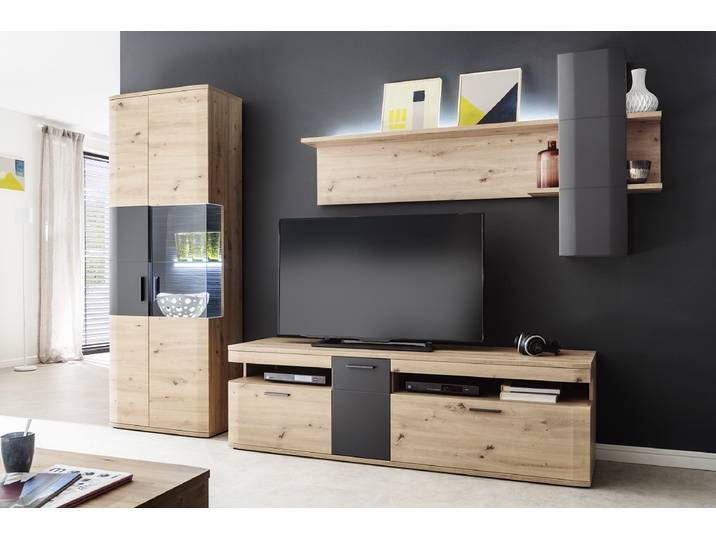 Wohnwand Anbauwand Cortona , Balkeneiche / anthrazit , 3-teilig , LED Beleuchtung 1