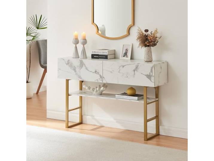[en.casa] Konsolentisch schmal Varberg Flurtisch mit 2 Schubladen rechteckig Ablagetisch verstellbare Ablage Metallgestell 75 x 120 x 30 cm Marmoroptik, weiß