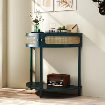 GDFStudio - Unique Half Moon Design End Table with Sliding Rattan Door, Semi-Circle Console Table with 2 Rattan Storage Drawers