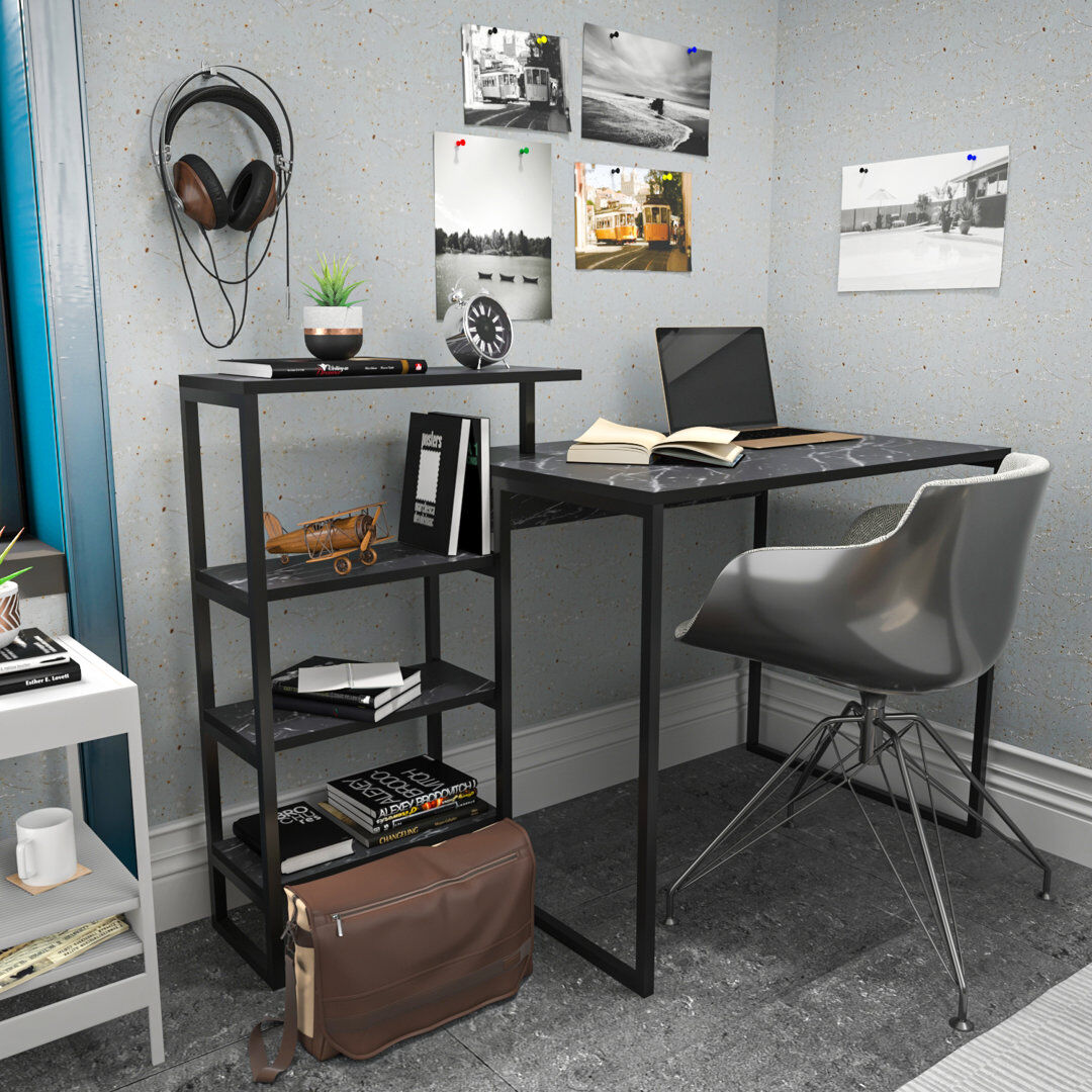 Hashtag Home Amarah 133cm W Rectangular Computer Desk Black Marble Effect 91.8cm H X 133cm W X 60cm D