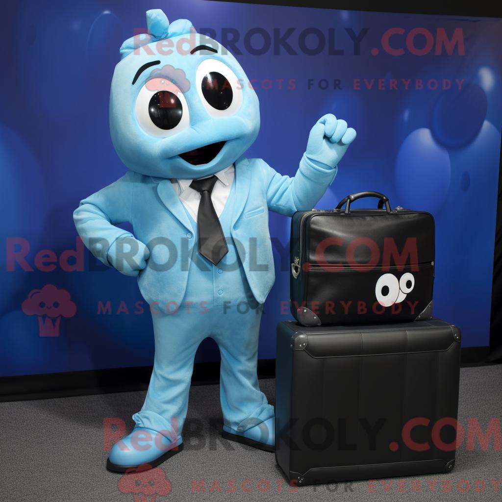 Maskottchen REDBROKOLY eines cyanfarbenen Telefons mit Popeline-Hemd und Aktentasche
