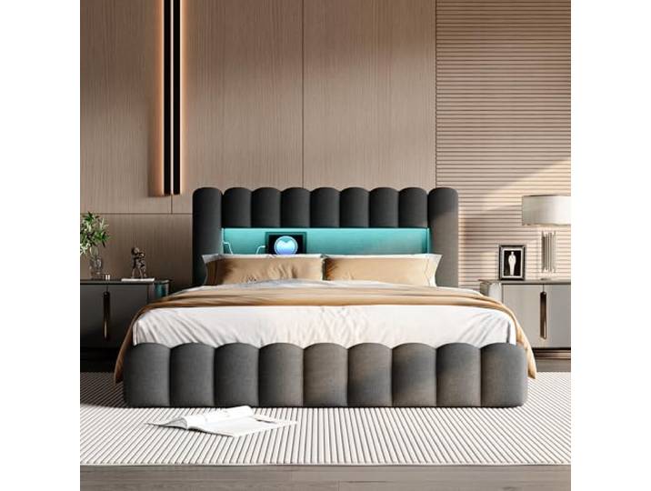 Hoscullo Polsterbett Bubble Bett 180 × 200 cm mit Hydraulisches Stauraum, Doppelbett mit Gepolstertes Kopfteil, Jugendbett mit LED und Lattenrost, Komfort Schlafzimmer Bett, Grau, Leinen