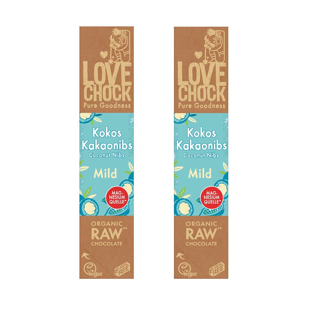 Lovechock Bio rohe Schokolade Creamy, Kokos-Kakaonibs 2x40 g
