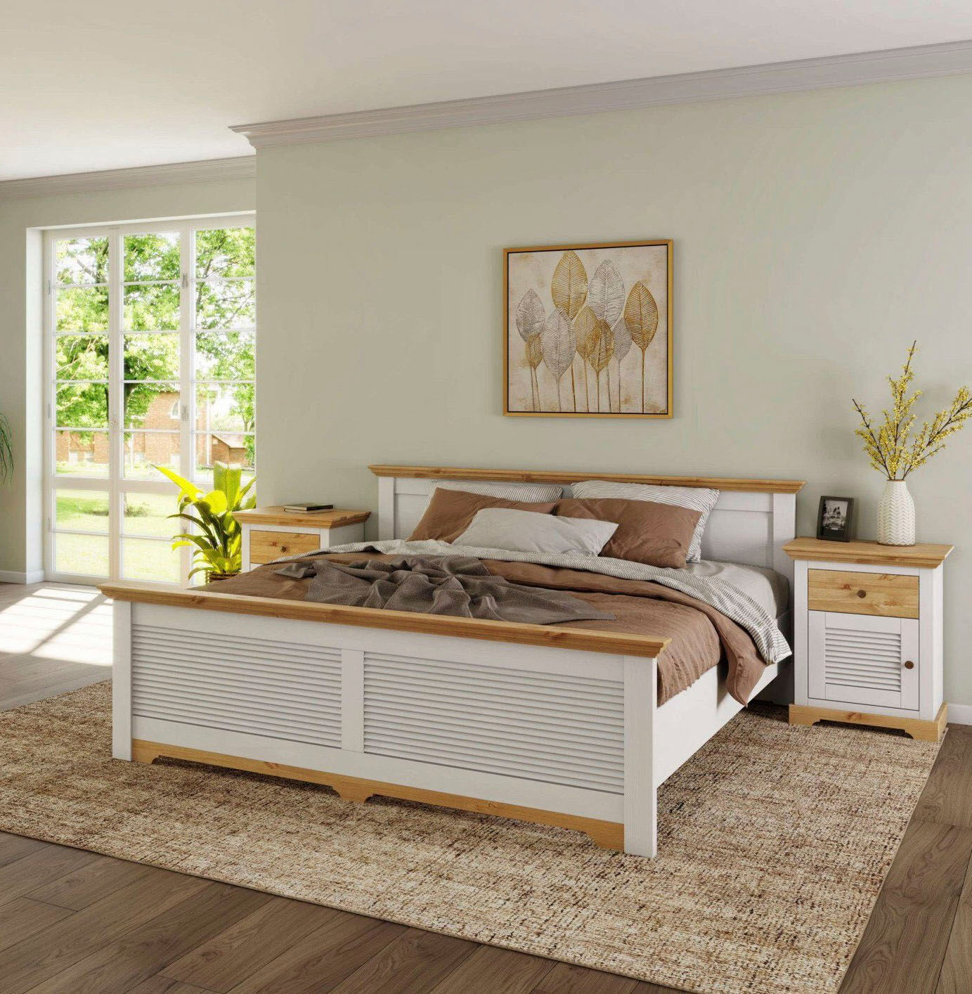 Bett GOODPRODUCT "Rauna, Landhausstil, edles Design mit Lamellen und Kassetten, 2 Farben", weiss (weiß, honig, weiß, honig, weiß, honig), B:195cm H:85cm L:206cm, Betten, Bett, FSC zertifiziertes Kieferholz, massive Qualität mit Lattenrost weiß, honig, wei