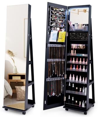 Costway 64 Inches Lockable Jewelry Cabinet Armoire with Built-in Makeup Mirror-Black