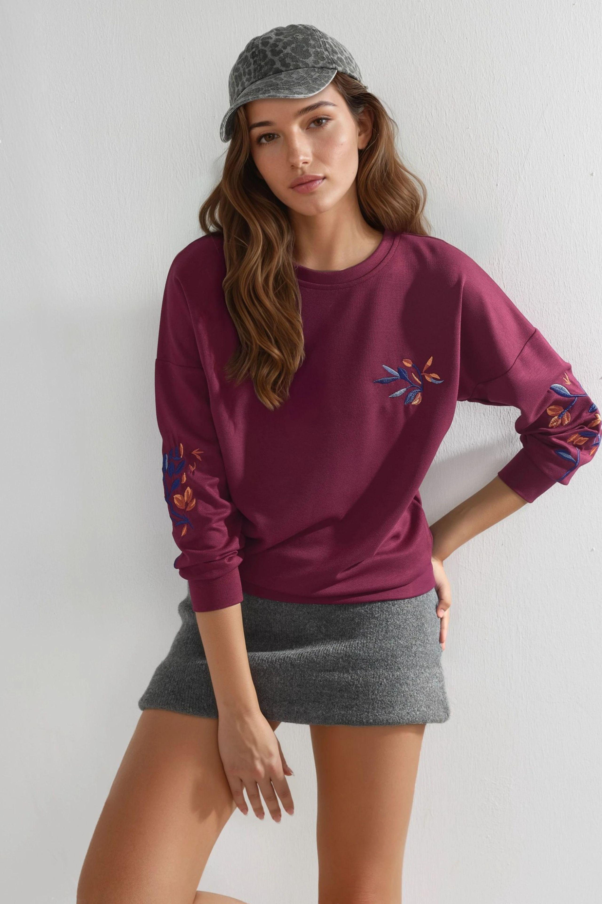 Hiccup Modal Touch Rundhals bestickter Pullover - Bordeaux