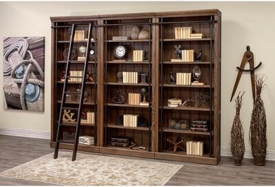 Martin Furniture "Avondale 8' Tall Bookcase Wall With Ladder, Storage Organizer, Display Shelf for Office, Brown - 120""W x 94""H x 15""D"