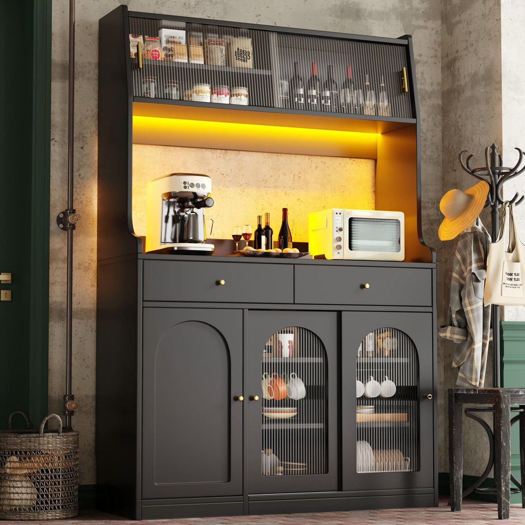 LIFE CARVER Kitchen Cabinet With Led, 5 Doors And 2 Drawers Black Natural 120cm W X 180cm H X 40cm D