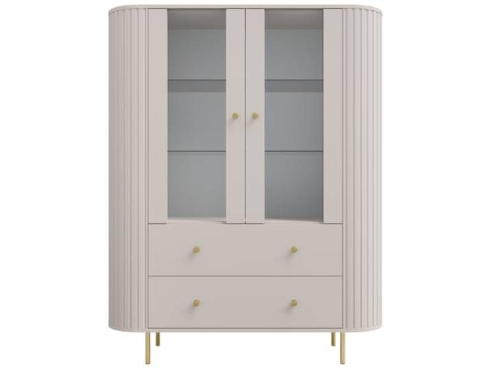 BEAUTY SOFA Vitrine Orion 123 cm mit 2 Glastüren, 2 Glasböden und 2 Schubladen, Standvitrine mit Soft-Close, geriffelten Seiten, Metallfüßen, Wohnzimmervitrine, Sandbeige