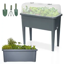 Hochbeet Kunststoff mit Deckel Grau | 76 x 66,5 x 37 cm | UV- & Witterungsbeständig | Mit Gartenwerkzeug Set | Wasserstandsanzeige  | ONBEST