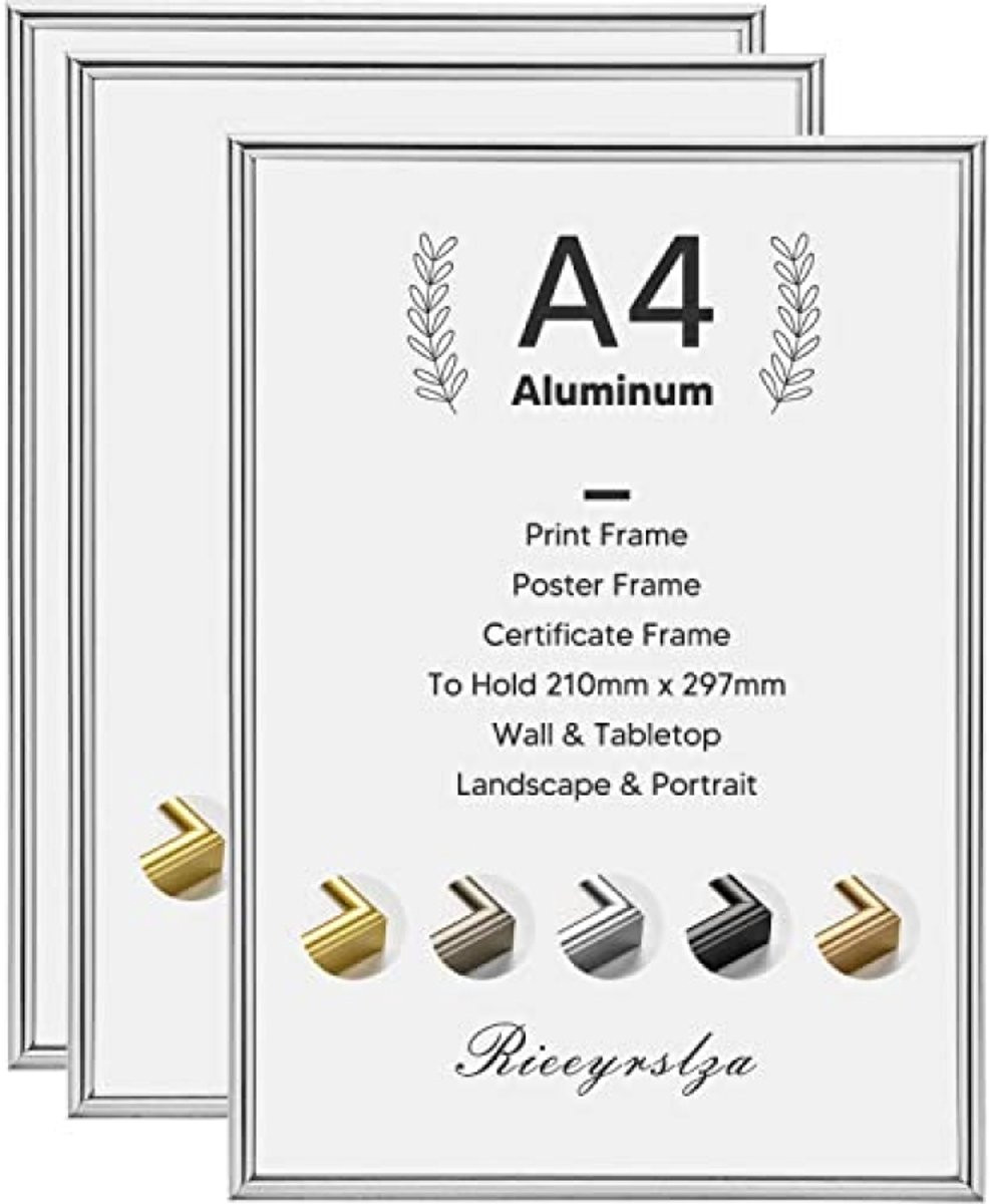 PromoHome Aluminium Fotolijst Set van 3 A4 Portretlijsten voor Certificaat Decoratie, Zilver