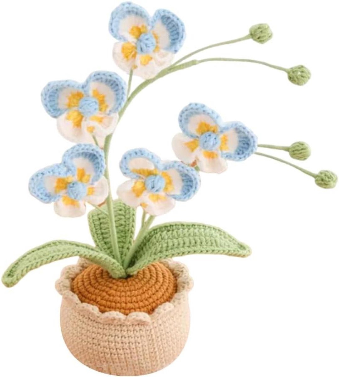 Handgemaakte gehaakte blauwe orchidee kunstbloem in pot voor woonkamer decoratie, Hoogte: 24 cm