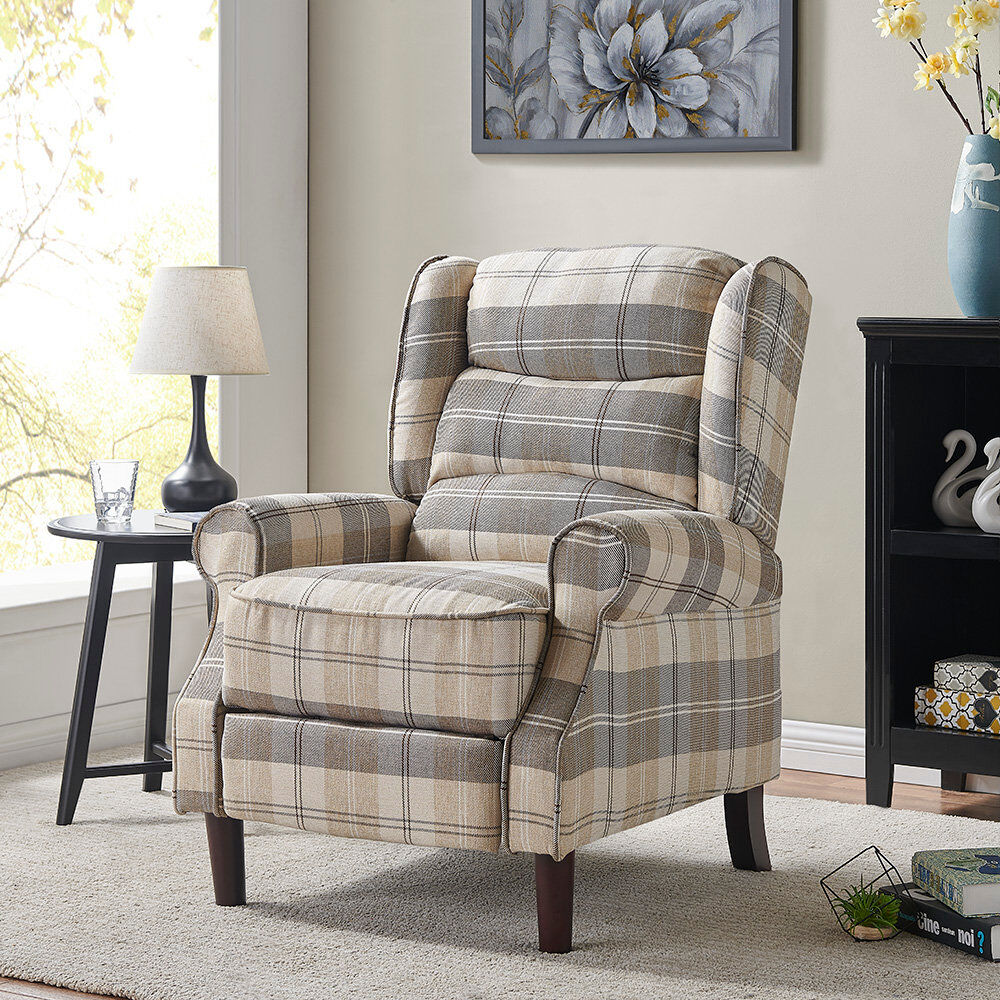 Brambly Cottage Mccomas 77cm Wide Wing Chair Recliner Beige/Tartan 105cm H X 77cm W X 82cm D