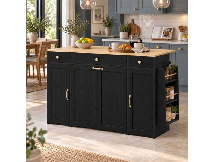 Buffet de Cuisine avec Plan de Travail Relevable - Buffet avec 3 Tiroirs 2 Portes et Étagère Latérale - Noir