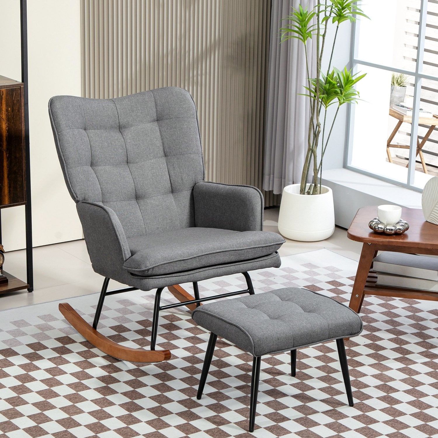 CHICFURN Schommelstoel met hocker en houten onderstel - Donkergrijs