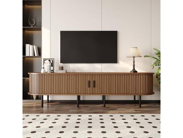 Merax TV-Schrank 170x40x46 cm, mit Schiebetüren, elliptische Medienkommode mit 2 offenen Fächern & Kabeldurchlässen, MDF-Korpus, Schwarze Metallfüße, Moderne Wohnzimmerschrank, dunkle Holzfarbe