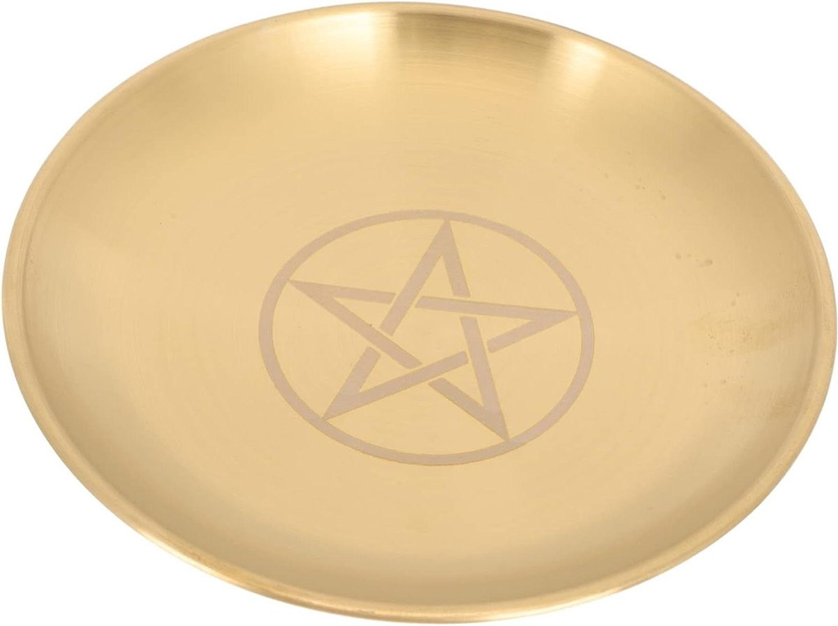 Koperen Altar Plate Kaarsenplateau met Pentagram Patroon - Goud - Diameter: 14,3 cm