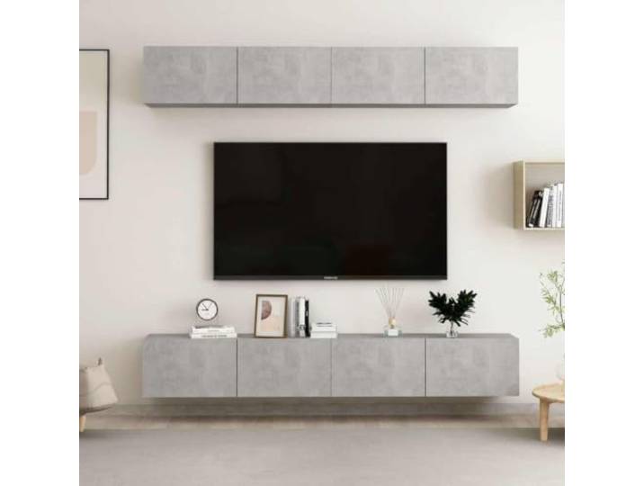 HEFZGDB TV-Schrank Set 4 STK. Betongrau 100x30x30 cm Holzwerkstoff Wandmontage mit Staufächern für Aufbewahrung modernes Design