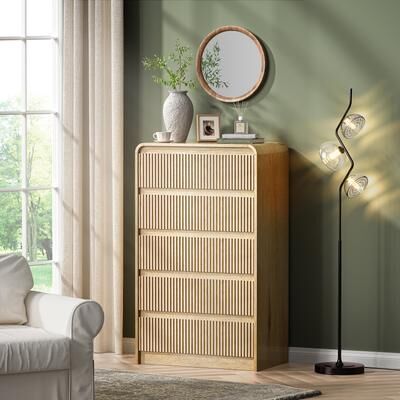 Loedds 45-Inch Tall 5-Drawer Mid-Century Fluted Dresser, Antique Natural
