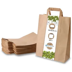 BIOZOYG 250 Stück Tragetasche L 26 x 12 x 35cm Papiertüte reißfest braun kompostierbar Einkaufstasche Papiertasche Einkaufstüte umweltfreundlich
