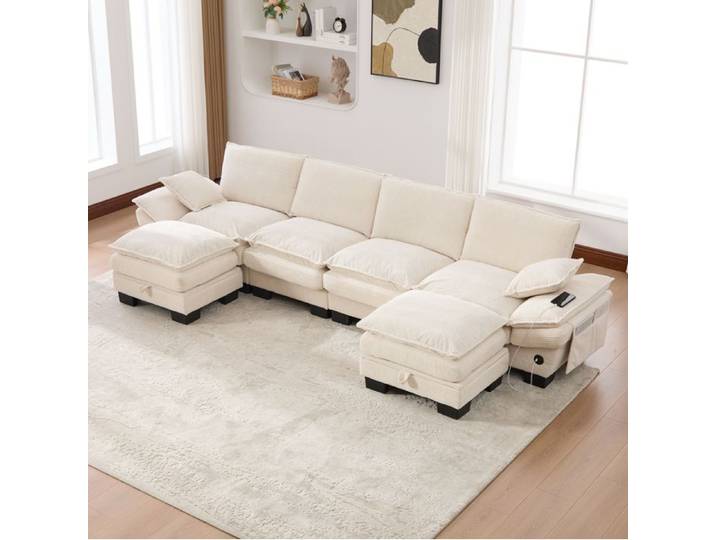 Canapé modulaire SENVIRO - quatre places assise large avec deux repose pieds 330x132x84cm beige