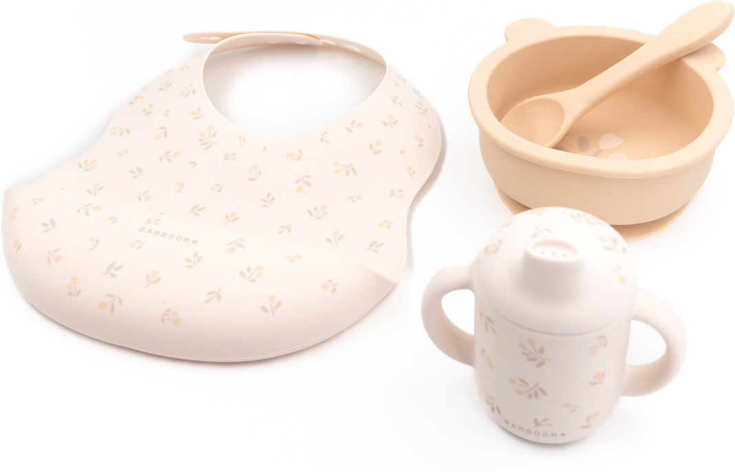 Bamboom Set Baby de Silicona: babero, tazón, cuchara y vaso con boquilla - Tulips