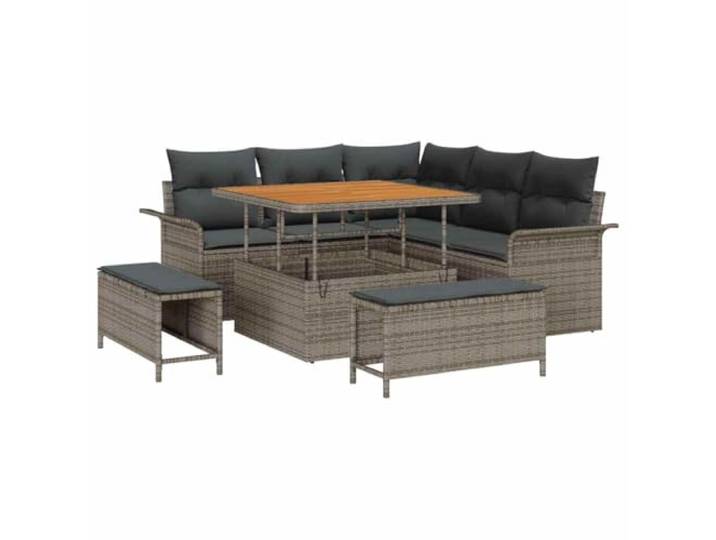 GHVBNMF Lounge Gartenmöbel Set Rattan Sofa mit Stauraum 8-teilig Grau Modulares Ecksofa aus Poly-Rattan für Garten und Terrasse mit Stauraum sowie eleganter Tischplatte aus Akazienholz.