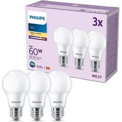 3er Set PHILIPS LED E27 A60 8W = 60W 806lm 2700K warmweiß