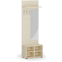 Garderobenwand HORIZONT, Schuhregal + Spiegel, 3 Haken, Ablage, Holzstruktur horizontal, Birke