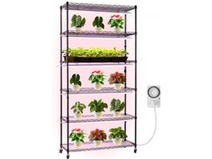 VEVOR Pflanzenregal mit Wachstumslichtern, 6-stufiger Pflanzenständer für Zimmerpflanzen mit Rädern & Timer, 150W 3800K Vollspektrum Licht, Metall-Blumenregal für die Samenanzucht, 90x35x180cm