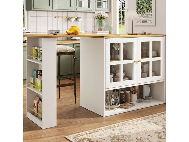 MEULVA Buffet de cuisine rotatif 360° extensible 138-204 cm en MDF avec 2 portes vitrées blanc