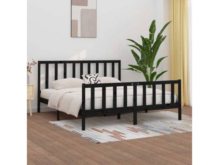 Massives Kiefernholz Bettgestell zeitloses Design 200x200 cm Schwarz Massivholzbett Schwarz 200x200 cm Kiefernholz Bettgestell mit Kopfteil Stabil und Robust