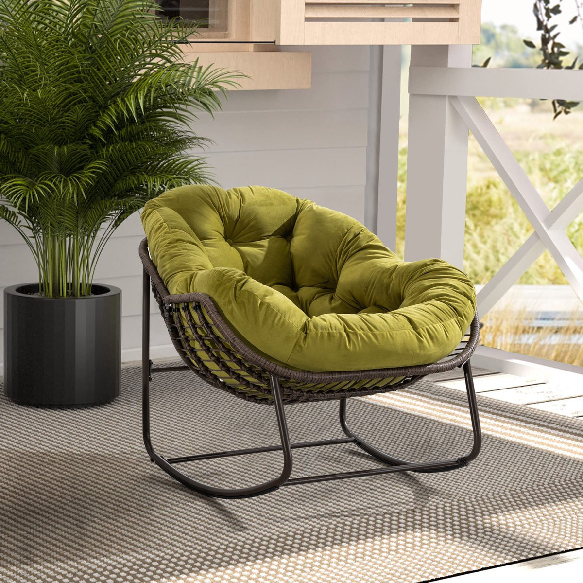 HAUSS SPOLE Schommelstoel - Handgeweven Rotan Fauteuil met Kussen - Olijfgroen